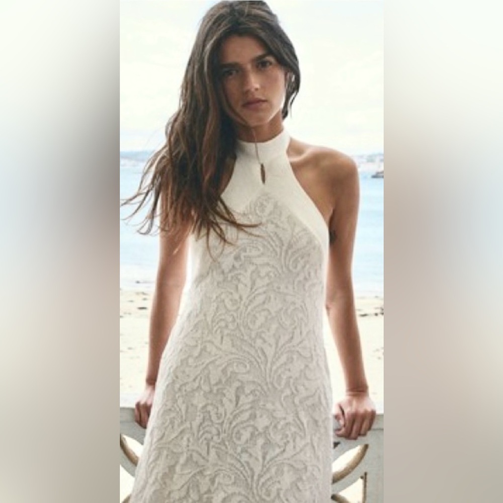 Zara Midi Halter Dress Cotton Textured Knit Open Back in Creamy White Size XS